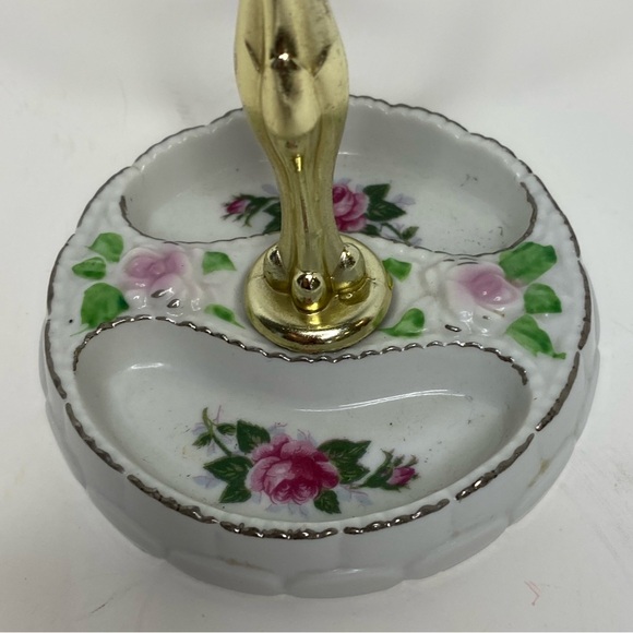 Porcelain Trinket Dish with Gold Tone Handle Embossed Roses and Painted Roses - Picture 7 of 7